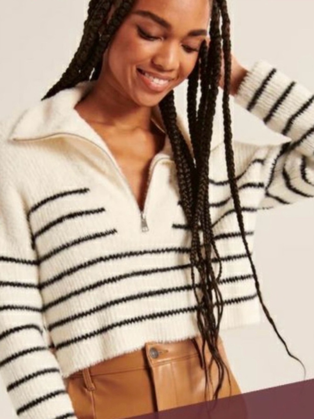 Abercrombie & Fitch Cream and Black Striped Cropped Cowl Sweater
